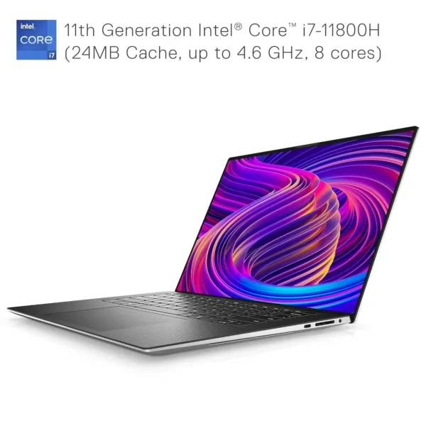 This renewed silver Dell XPS 15 9510 laptop features an 11th Gen Intel Core i7 processor, 16GB RAM, a 512GB SSD, NVIDIA GeForce RTX 3050Ti graphics, a backlit keyboard, fingerprint reader, a vivid 15.6" FHD+ display with Adobe RGB, Dolby Vision, and Eyesafe technology, and immersive Waves Nx audio.