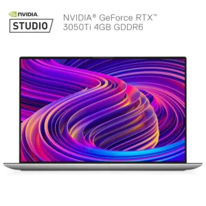 This renewed silver Dell XPS 15 9510 laptop features an 11th Gen Intel Core i7 processor, 16GB RAM, a 512GB SSD, NVIDIA GeForce RTX 3050Ti graphics, a backlit keyboard, fingerprint reader, a vivid 15.6" FHD+ display with Adobe RGB, Dolby Vision, and Eyesafe technology, and immersive Waves Nx audio.