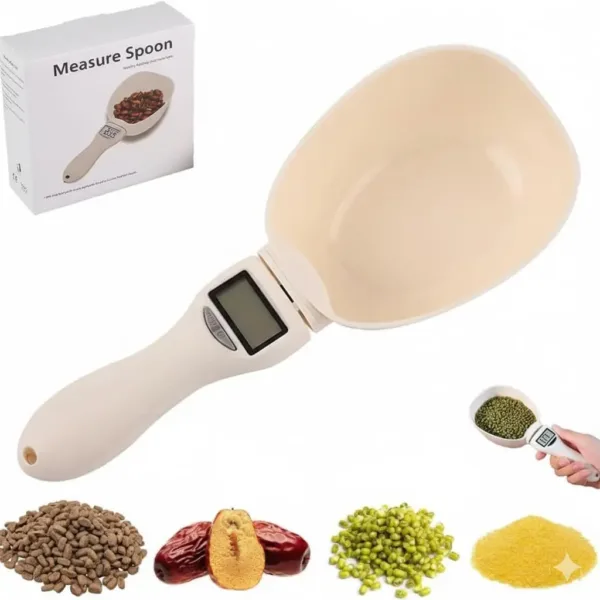 This digital food scale spoon with an LCD display accurately measures ingredients like coffee, spices, and pet food in grams and ounces, making it ideal for precise baking and cooking.