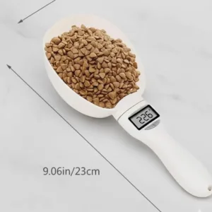 This digital food scale spoon with an LCD display accurately measures ingredients like coffee, spices, and pet food in grams and ounces, making it ideal for precise baking and cooking.