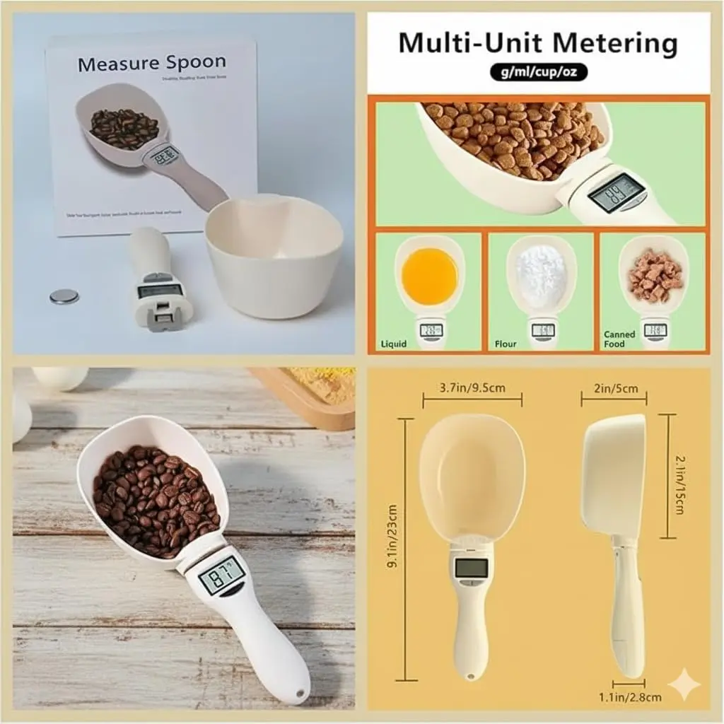 This digital food scale spoon with an LCD display accurately measures ingredients like coffee, spices, and pet food in grams and ounces, making it ideal for precise baking and cooking.