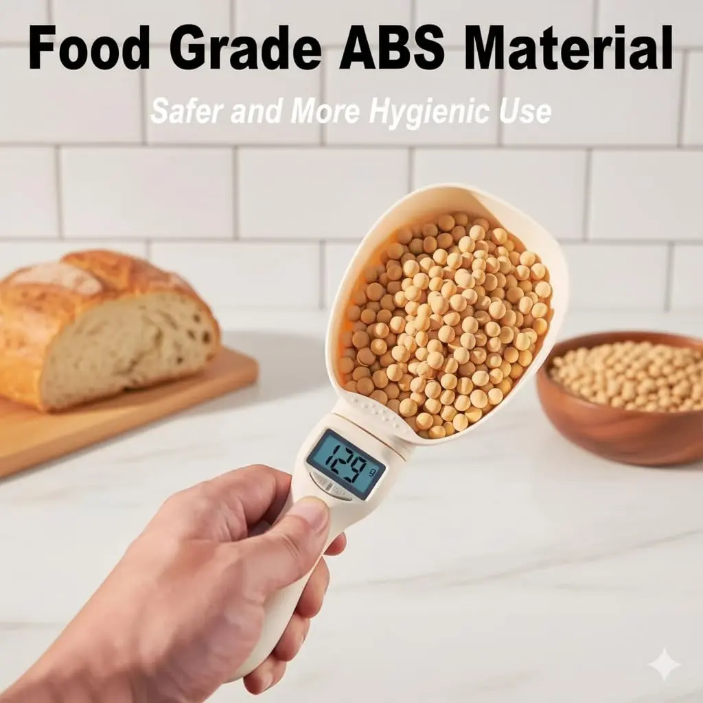 This digital food scale spoon with an LCD display accurately measures ingredients like coffee, spices, and pet food in grams and ounces, making it ideal for precise baking and cooking.