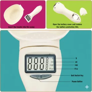 This digital food scale spoon with an LCD display accurately measures ingredients like coffee, spices, and pet food in grams and ounces, making it ideal for precise baking and cooking.
