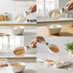This digital food scale spoon with an LCD display accurately measures ingredients like coffee, spices, and pet food in grams and ounces, making it ideal for precise baking and cooking.