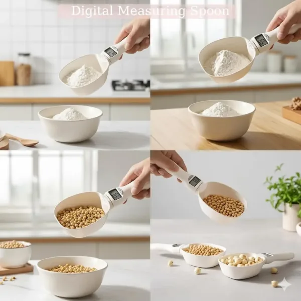 This digital food scale spoon with an LCD display accurately measures ingredients like coffee, spices, and pet food in grams and ounces, making it ideal for precise baking and cooking.