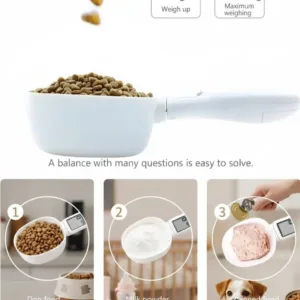 This digital food scale spoon with an LCD display accurately measures ingredients like coffee, spices, and pet food in grams and ounces, making it ideal for precise baking and cooking.