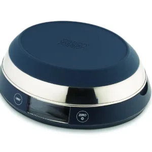 This grey Joseph Joseph digital kitchen scale features a reversible lid that transforms into a bowl for easy measuring of loose ingredients and liquids.