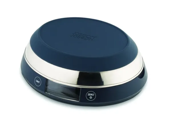 This grey Joseph Joseph digital kitchen scale features a reversible lid that transforms into a bowl for easy measuring of loose ingredients and liquids.
