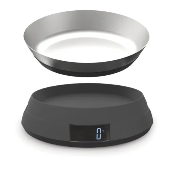 This grey Joseph Joseph digital kitchen scale features a reversible lid that transforms into a bowl for easy measuring of loose ingredients and liquids.