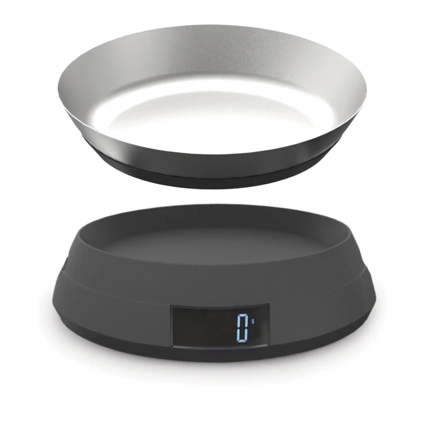 This grey Joseph Joseph digital kitchen scale features a reversible lid that transforms into a bowl for easy measuring of loose ingredients and liquids.