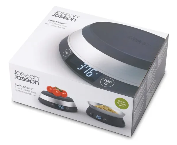 This grey Joseph Joseph digital kitchen scale features a reversible lid that transforms into a bowl for easy measuring of loose ingredients and liquids.
