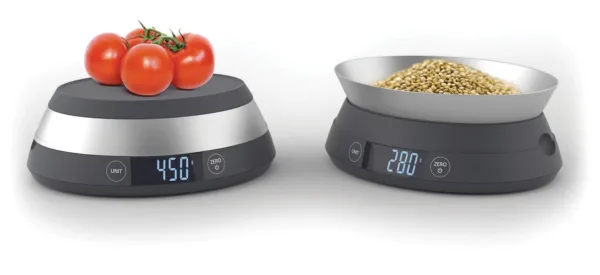 This grey Joseph Joseph digital kitchen scale features a reversible lid that transforms into a bowl for easy measuring of loose ingredients and liquids.