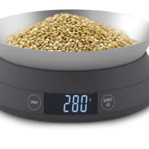 This grey Joseph Joseph digital kitchen scale features a reversible lid that transforms into a bowl for easy measuring of loose ingredients and liquids.