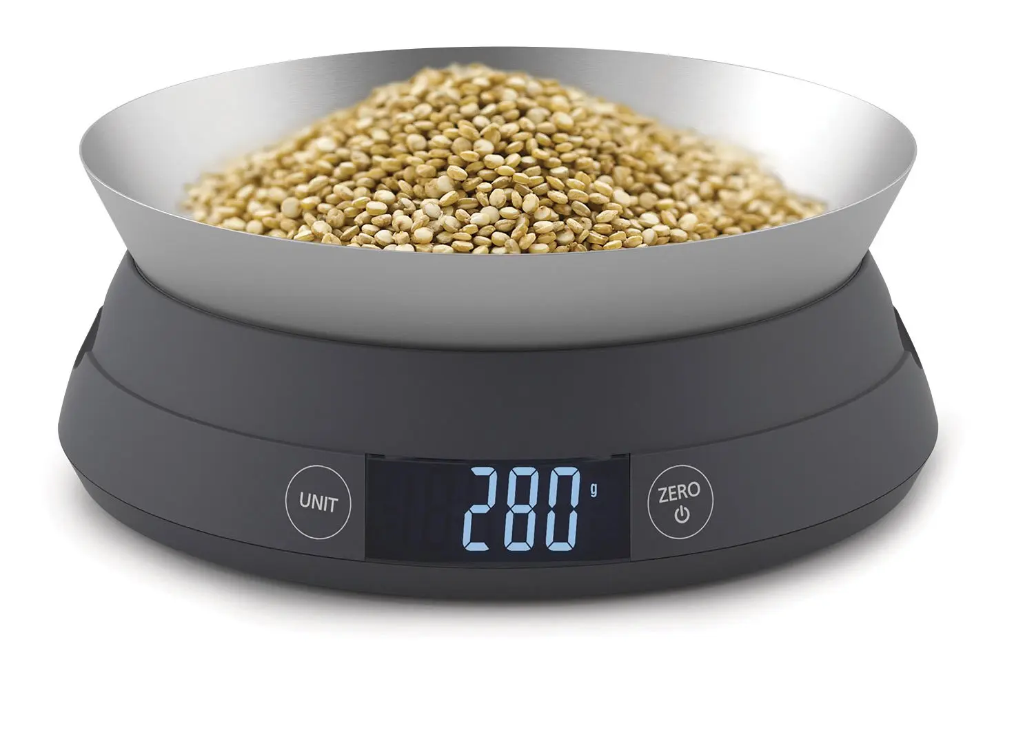 This grey Joseph Joseph digital kitchen scale features a reversible lid that transforms into a bowl for easy measuring of loose ingredients and liquids.