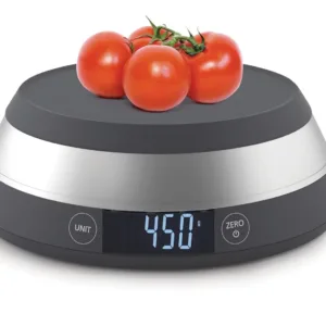 This grey Joseph Joseph digital kitchen scale features a reversible lid that transforms into a bowl for easy measuring of loose ingredients and liquids.