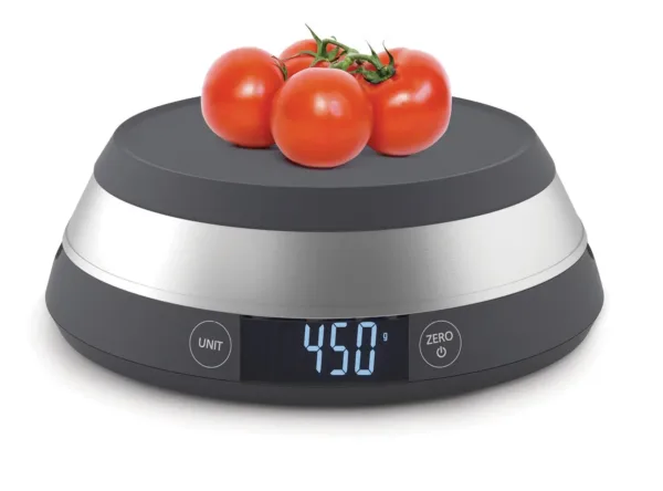 This grey Joseph Joseph digital kitchen scale features a reversible lid that transforms into a bowl for easy measuring of loose ingredients and liquids.