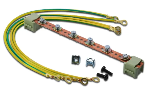 The DIGITUS DN-19 EARTH potential equalization rail is designed for use in 19-inch network and server cabinets, featuring six connection points and including four earth cables, made in Turkey.