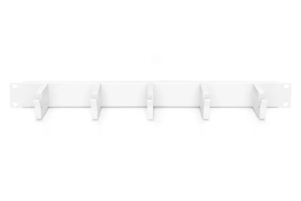 This is a gray DIGITUS 1U patch panel with five cable guides and 44x60 mm jumper brackets designed for 19-inch network cabinets and Ethernet cable management.