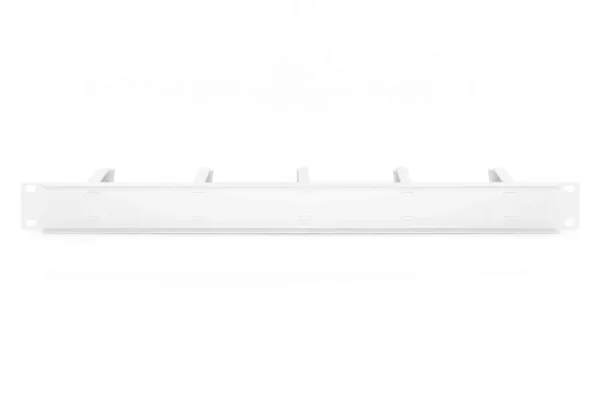 This is a gray DIGITUS 1U patch panel with five cable guides and 44x60 mm jumper brackets designed for 19-inch network cabinets and Ethernet cable management.