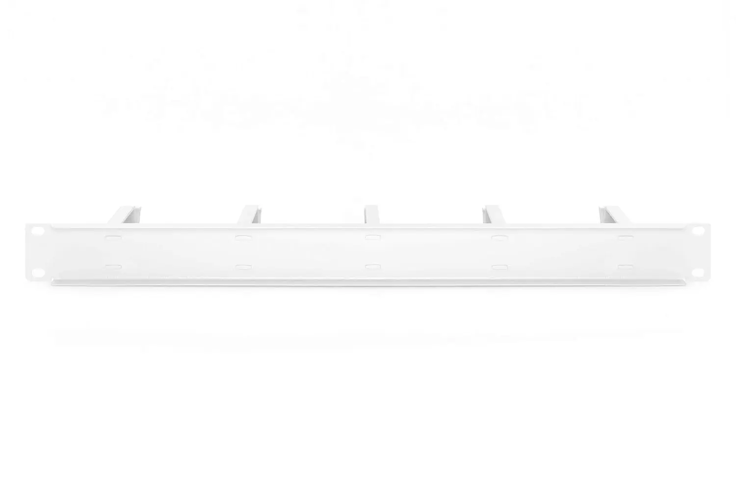 This is a gray DIGITUS 1U patch panel with five cable guides and 44x60 mm jumper brackets designed for 19-inch network cabinets and Ethernet cable management.