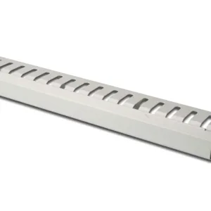 This is a gray DIGITUS 1U patch panel with five cable guides and 44x60 mm jumper brackets designed for 19-inch network cabinets and Ethernet cable management.