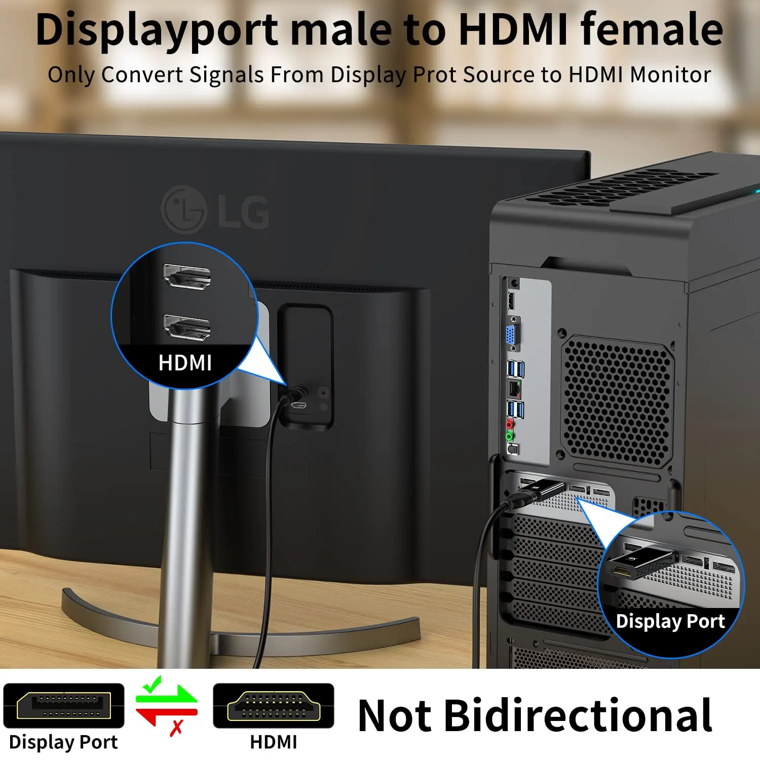 This is a KUXIYAN DisplayPort to HDMI adapter that transmits high-definition video and audio from a computer to a monitor, projector, or HDTV, supporting resolutions up to 1080P.