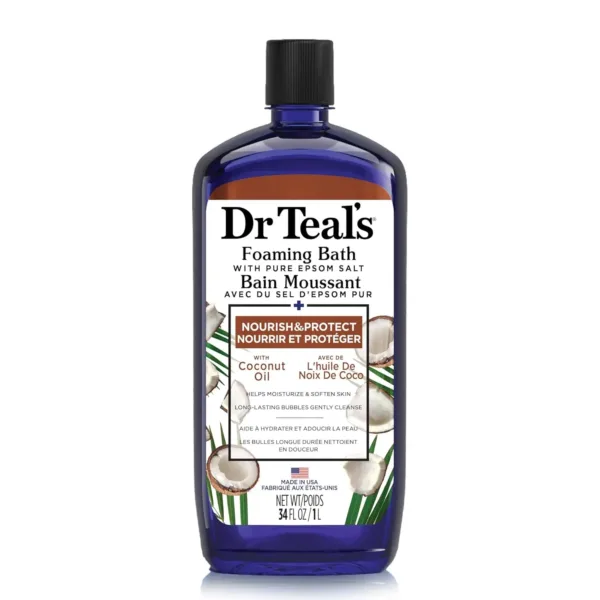 This is a bottle of Dr. Teal's Pink Himalayan foaming bath enriched with coconut oil, designed to transform your bath into a relaxing spa experience and soothe the senses.