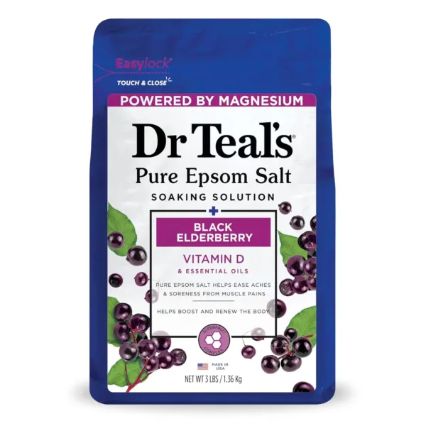 This is a bag of Dr Teal's Black Elderberry Epsom Bath Salt Soak with Vitamin D and essential oils, designed to promote healthier looking skin, revitalizes tired muscles and uplifts the mood.