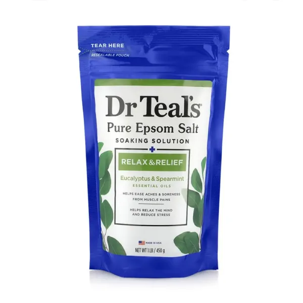 This is a bag of Dr Teal's Relax & Relief Pure Epsom Salt Soaking Solution with eucalyptus and spearmint to help relieve aches and pains and restore the body.