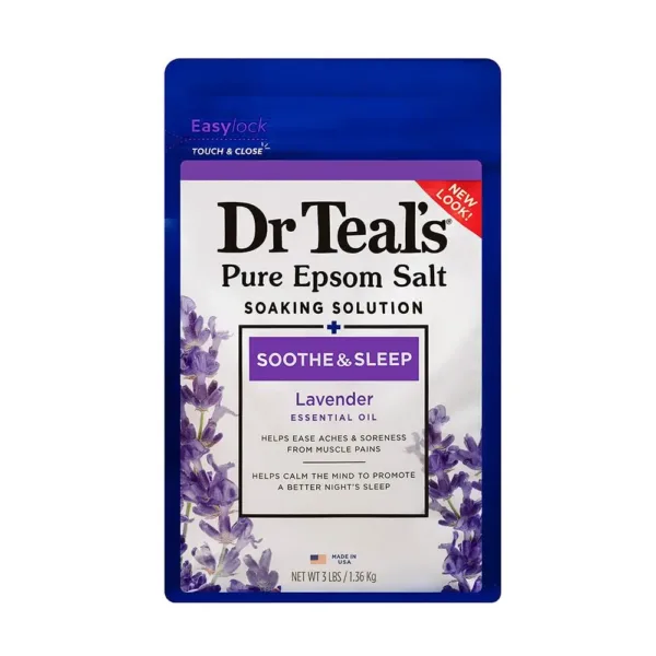 This is a bag of Dr Teal's Epsom Salt Soaking Solution with Lavender, a moisturizer that helps soothe your body for a deeper sleep and therapy for dry skin.