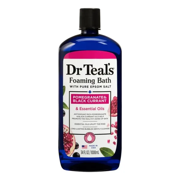 A bottle of Dr Teal's Foaming Bath with Pomegranate & Black Currant scent containing pure Epsom salt, providing a soothing and relaxing bath experience in a 1000ML size.