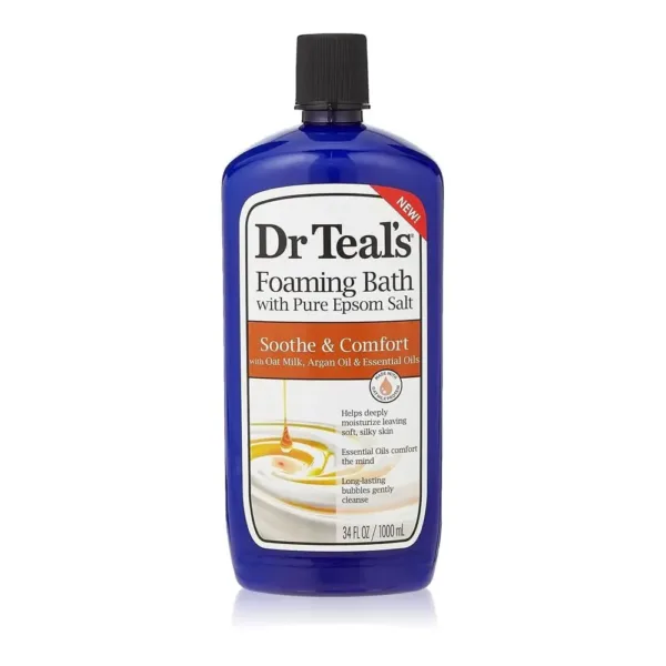 A bottle of Dr Teal's Foaming Bath with Oat Milk & Argan Oil, a vegan, cruelty-free, and paraben-free product.