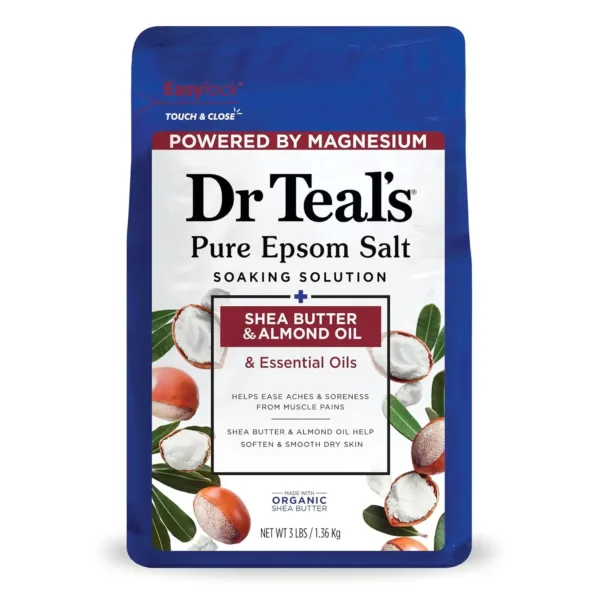 A large bag of Dr Teal's Shea Butter & Almond Oil Epsom Salt Soaking Solution promises to soothe sore muscles and exfoliate dry skin for a healthier-looking complexion.