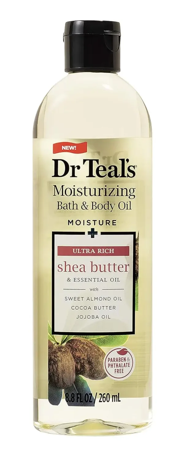 This is an 8.8 ounce bottle of Dr Teal's Ultra Rich bath and body oil formulated with shea butter, sandalwood essential oil, and almond oil to hydrate and soften skin while easing muscle aches during a relaxing bath.