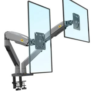 This black NB North Bayou dual monitor desk mount securely holds two 22 to 32 inch computer screens, offering full motion swivel and ergonomic adjustments for comfortable viewing and saving desk space.