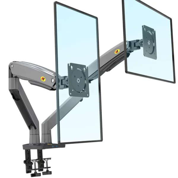 This black NB North Bayou dual monitor desk mount securely holds two 22 to 32 inch computer screens, offering full motion swivel and ergonomic adjustments for comfortable viewing and saving desk space.