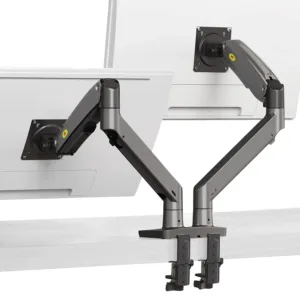 This black NB North Bayou dual monitor desk mount securely holds two 22 to 32 inch computer screens, offering full motion swivel and ergonomic adjustments for comfortable viewing and saving desk space.