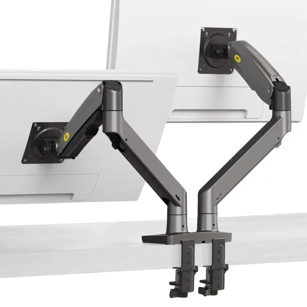 This black NB North Bayou dual monitor desk mount securely holds two 22 to 32 inch computer screens, offering full motion swivel and ergonomic adjustments for comfortable viewing and saving desk space.