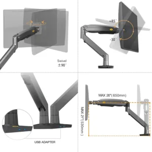 This black NB North Bayou dual monitor desk mount securely holds two 22 to 32 inch computer screens, offering full motion swivel and ergonomic adjustments for comfortable viewing and saving desk space.