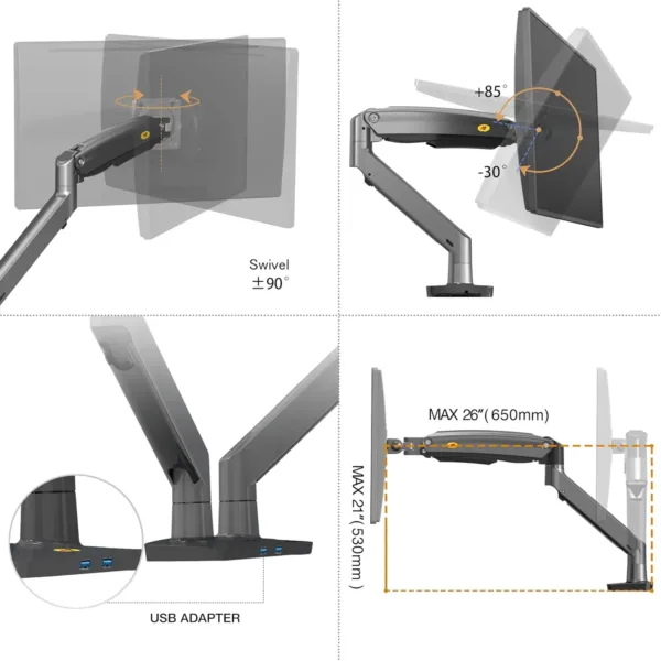 This black NB North Bayou dual monitor desk mount securely holds two 22 to 32 inch computer screens, offering full motion swivel and ergonomic adjustments for comfortable viewing and saving desk space.