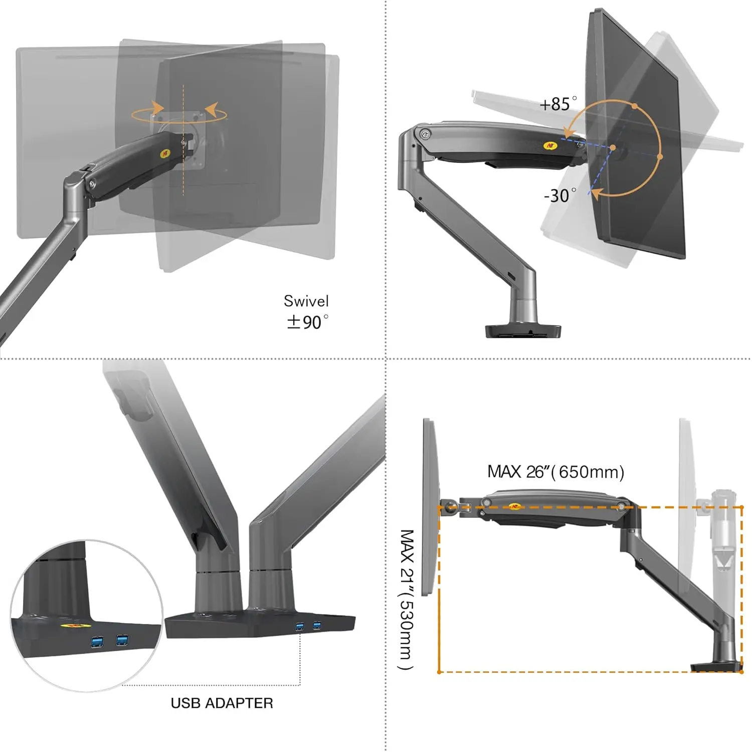 This black NB North Bayou dual monitor desk mount securely holds two 22 to 32 inch computer screens, offering full motion swivel and ergonomic adjustments for comfortable viewing and saving desk space.