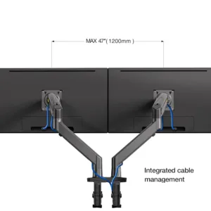 This black NB North Bayou dual monitor desk mount securely holds two 22 to 32 inch computer screens, offering full motion swivel and ergonomic adjustments for comfortable viewing and saving desk space.