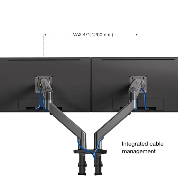 This black NB North Bayou dual monitor desk mount securely holds two 22 to 32 inch computer screens, offering full motion swivel and ergonomic adjustments for comfortable viewing and saving desk space.