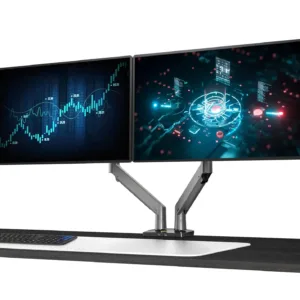 This black NB North Bayou dual monitor desk mount securely holds two 22 to 32 inch computer screens, offering full motion swivel and ergonomic adjustments for comfortable viewing and saving desk space.