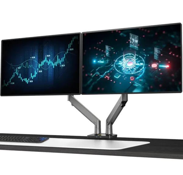 This black NB North Bayou dual monitor desk mount securely holds two 22 to 32 inch computer screens, offering full motion swivel and ergonomic adjustments for comfortable viewing and saving desk space.