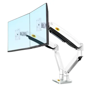This black NB North Bayou dual monitor desk mount securely holds two 22 to 32 inch computer screens, offering full motion swivel and ergonomic adjustments for comfortable viewing and saving desk space.