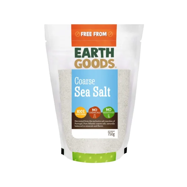 A resealable package of Earth Goods Coarse Sea Salt, a natural source of sodium, calcium, potassium, and iron, with no additives or chemicals.