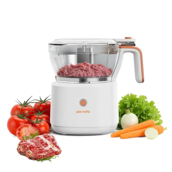 This is a portable and rechargeable electric food processor designed for chopping meat, vegetables, fruits, and nuts, featuring stainless steel blades and two size containers for efficient meal preparation with long battery life.