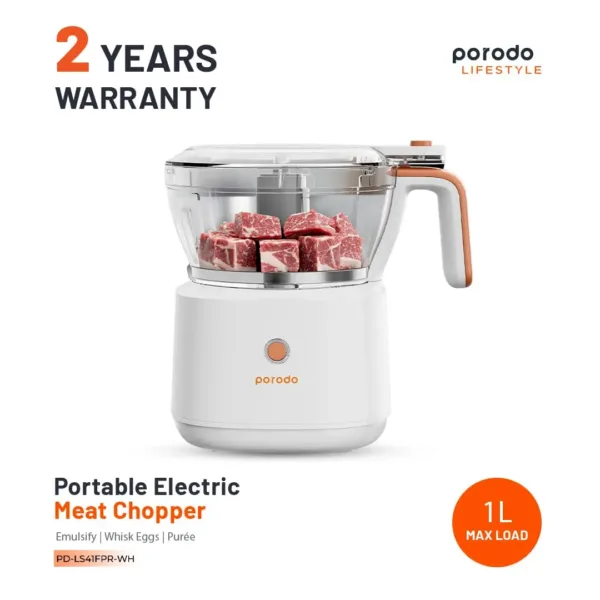 This is a portable and rechargeable electric food processor designed for chopping meat, vegetables, fruits, and nuts, featuring stainless steel blades and two size containers for efficient meal preparation with long battery life.
