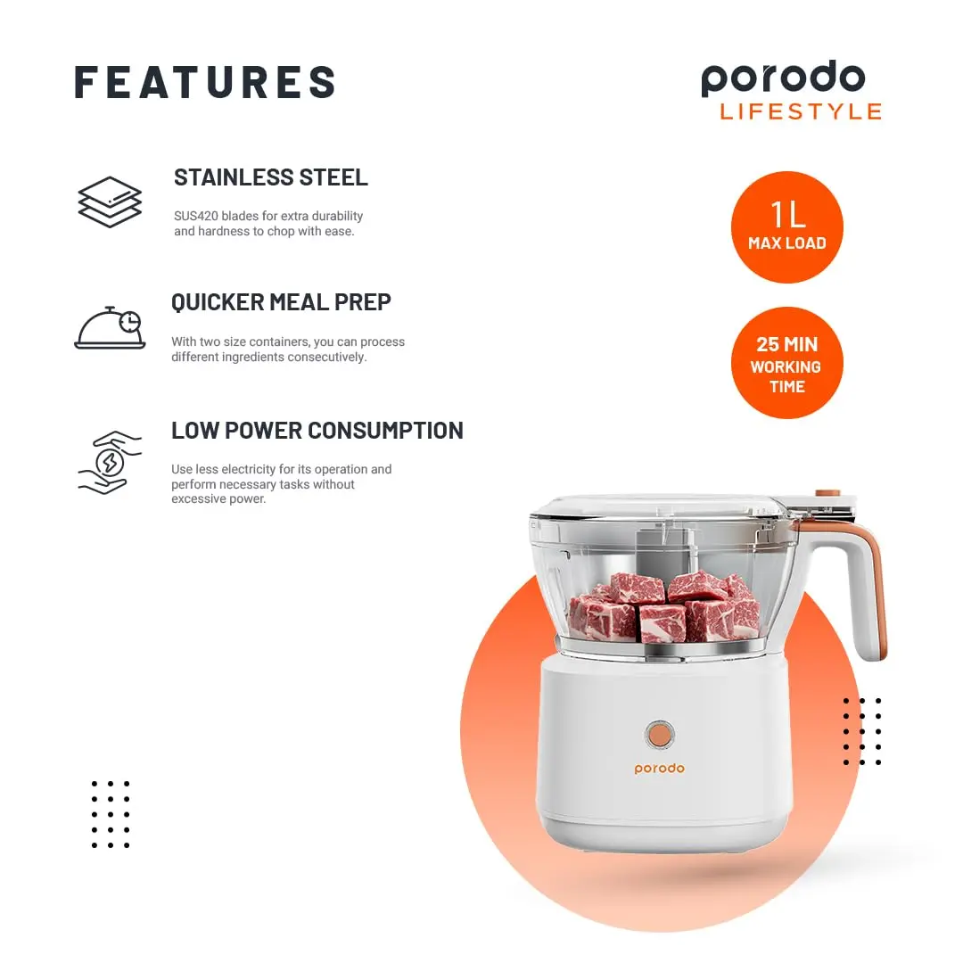 This is a portable and rechargeable electric food processor designed for chopping meat, vegetables, fruits, and nuts, featuring stainless steel blades and two size containers for efficient meal preparation with long battery life.
